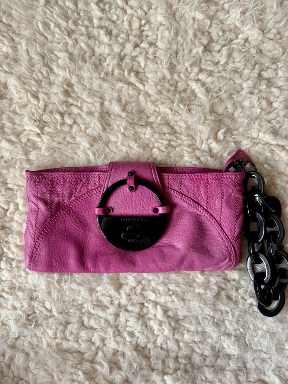 VINTAGE Diesel Pink Leather Clutch with Chunky Black Chain Handle Y2K Rare